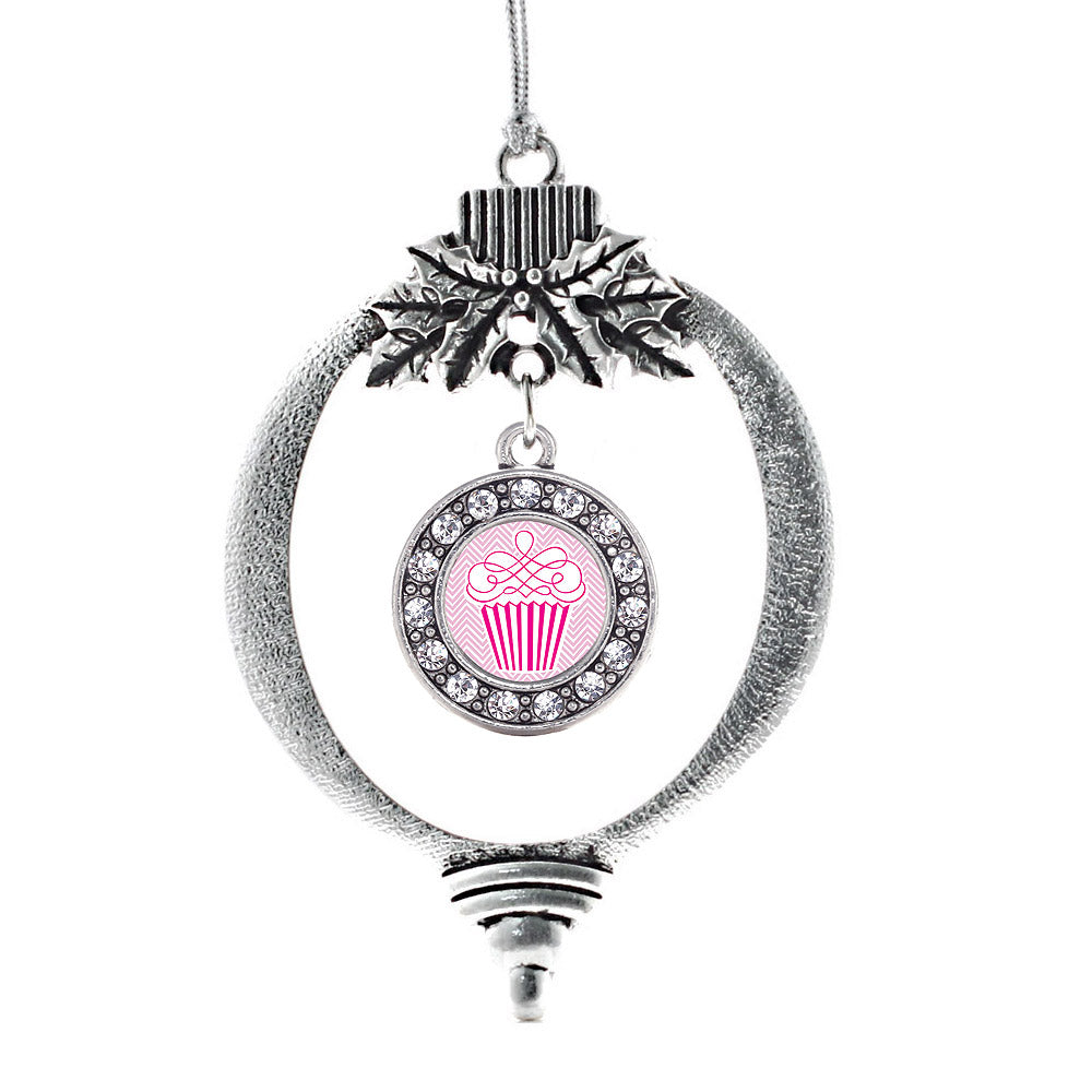 Silver Pink Chevron Cupcake Circle Charm Holiday Ornament