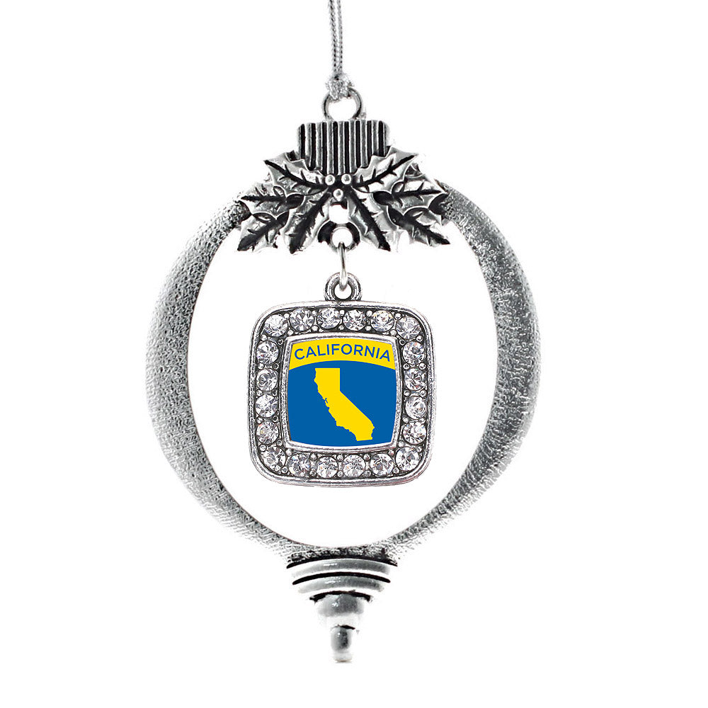 Silver California Outline Square Charm Holiday Ornament