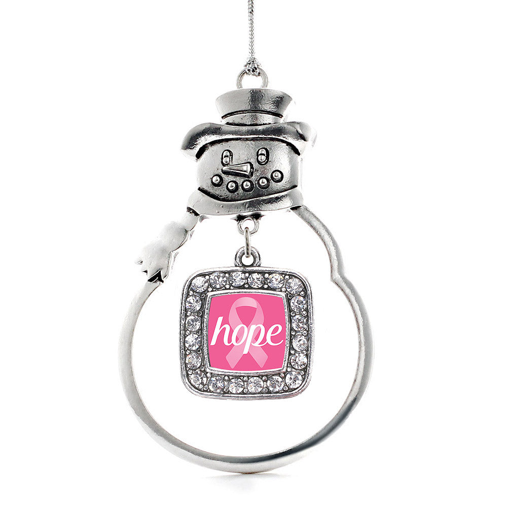 Silver Hope Breast Cancer Awareness Square Charm Snowman Ornament