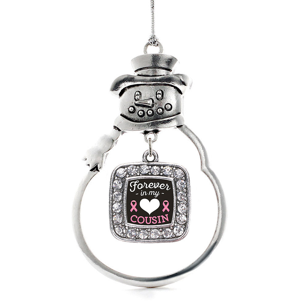 Silver Forever in my Heart Cousin Breast Cancer Support Square Charm Snowman Ornament