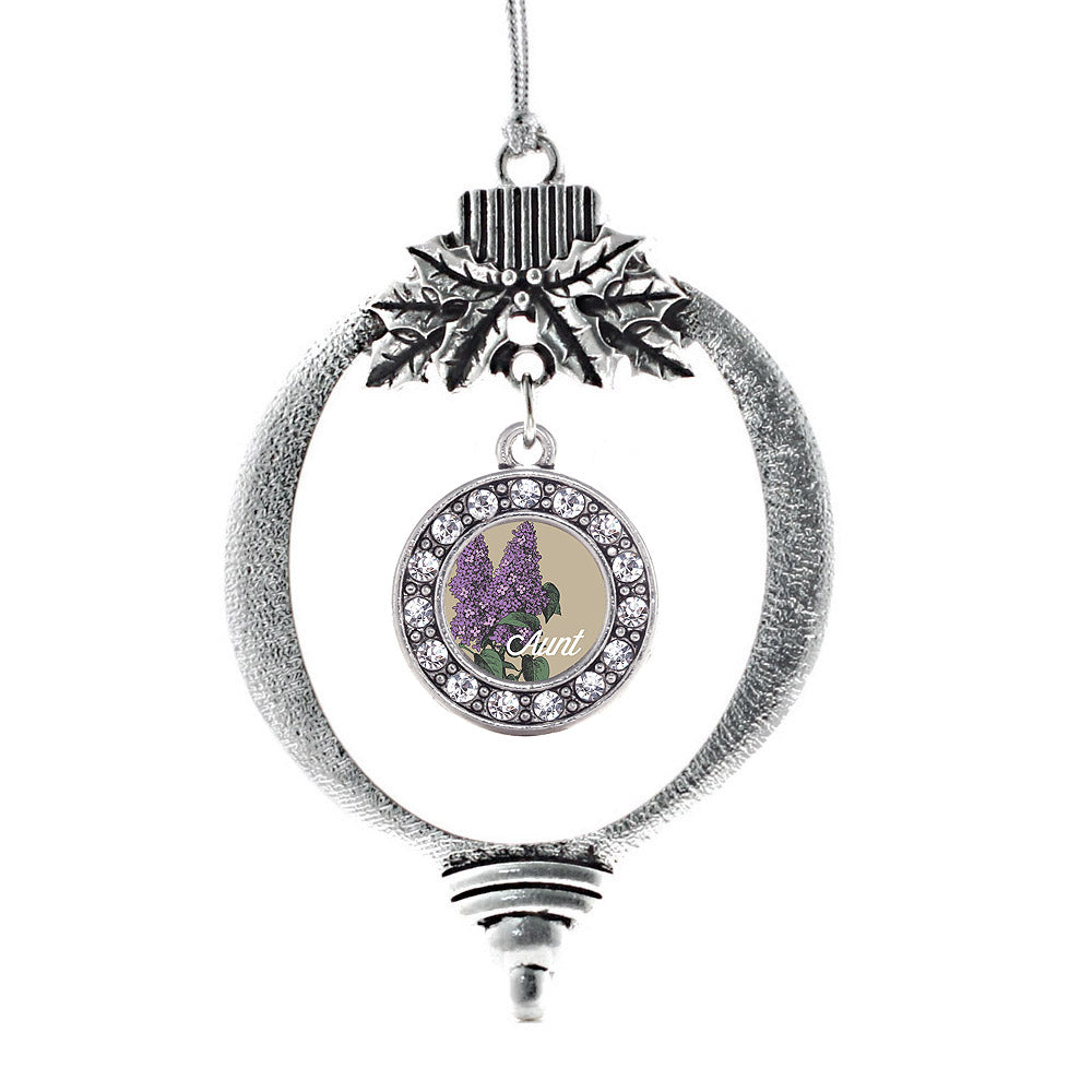 Silver Aunt Lilac Flower Circle Charm Holiday Ornament
