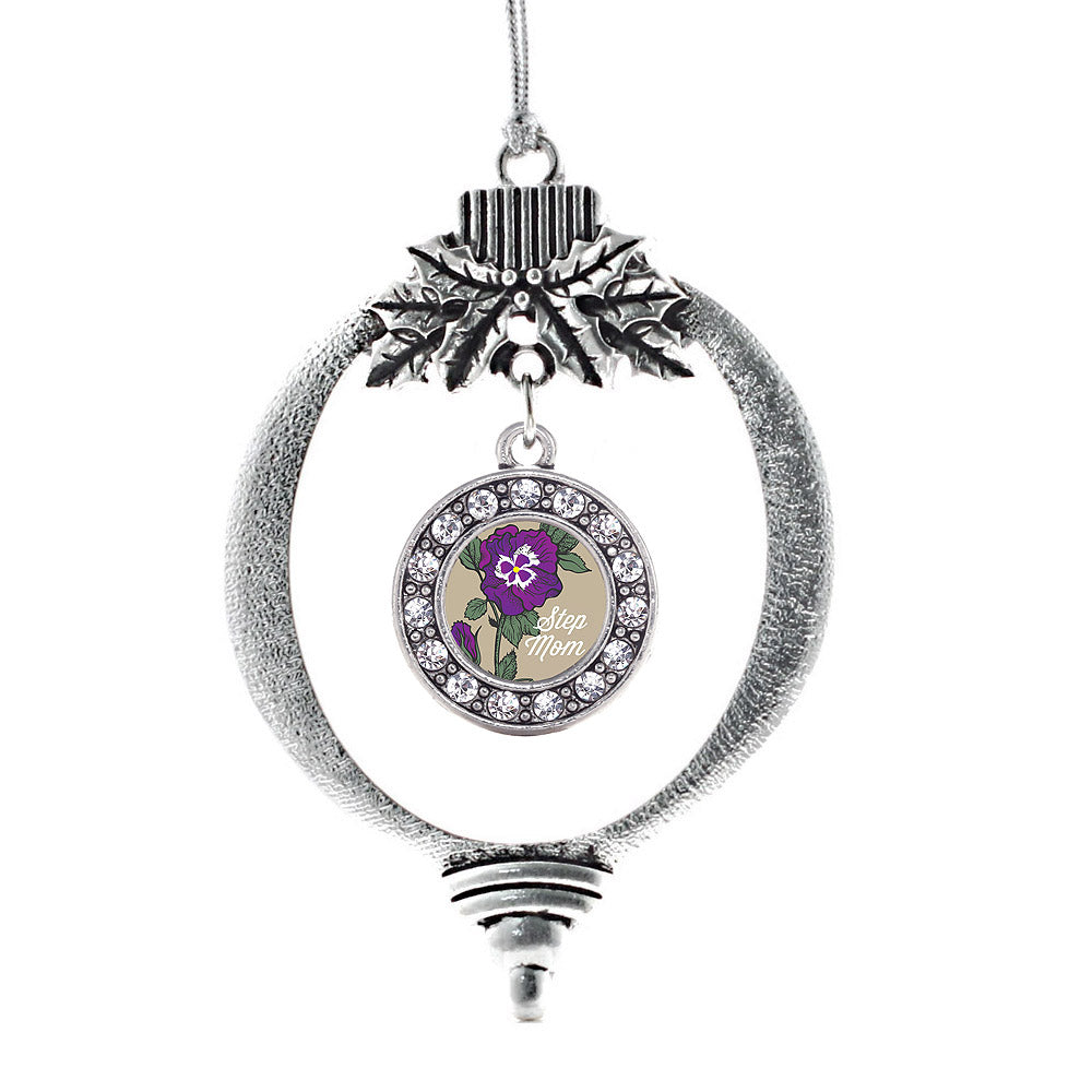 Silver Step Mom Pansy Circle Charm Holiday Ornament
