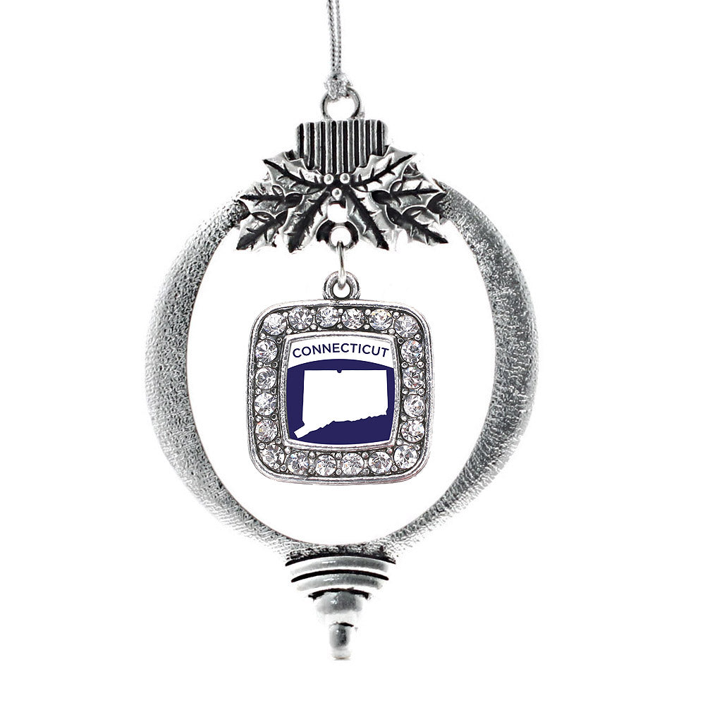 Silver Connecticut Outline Square Charm Holiday Ornament