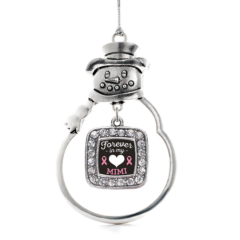 Silver Forever in my Heart Mimi Breast Cancer Support Square Charm Snowman Ornament