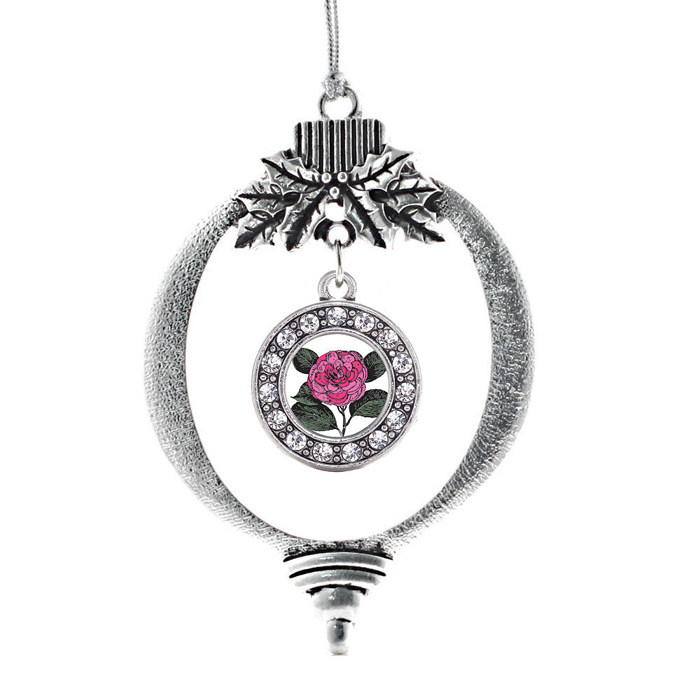 Silver Camelia Flower Circle Charm Holiday Ornament