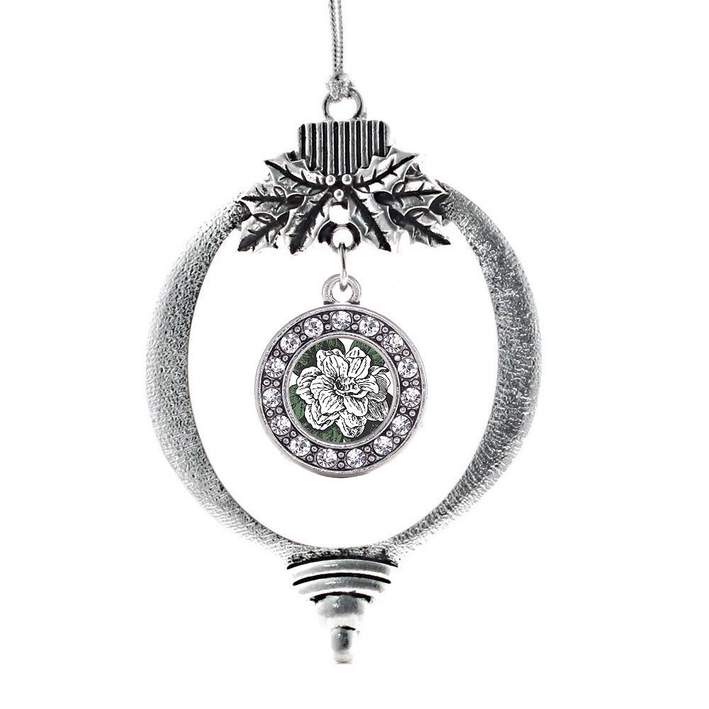 Silver Gardenia Flower Circle Charm Holiday Ornament