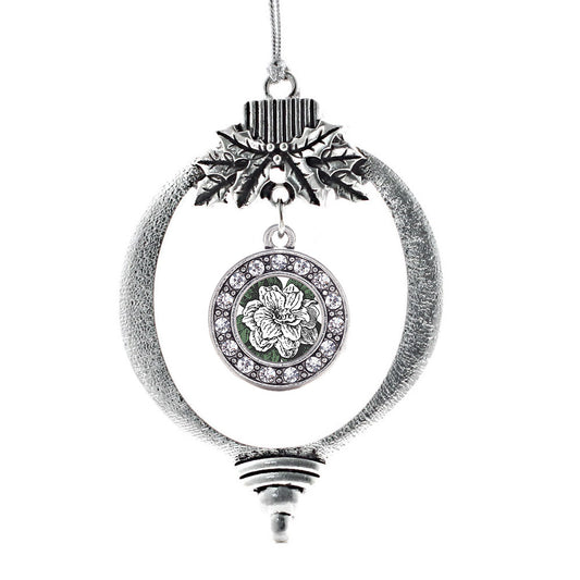 Silver Gardenia Flower Circle Charm Holiday Ornament