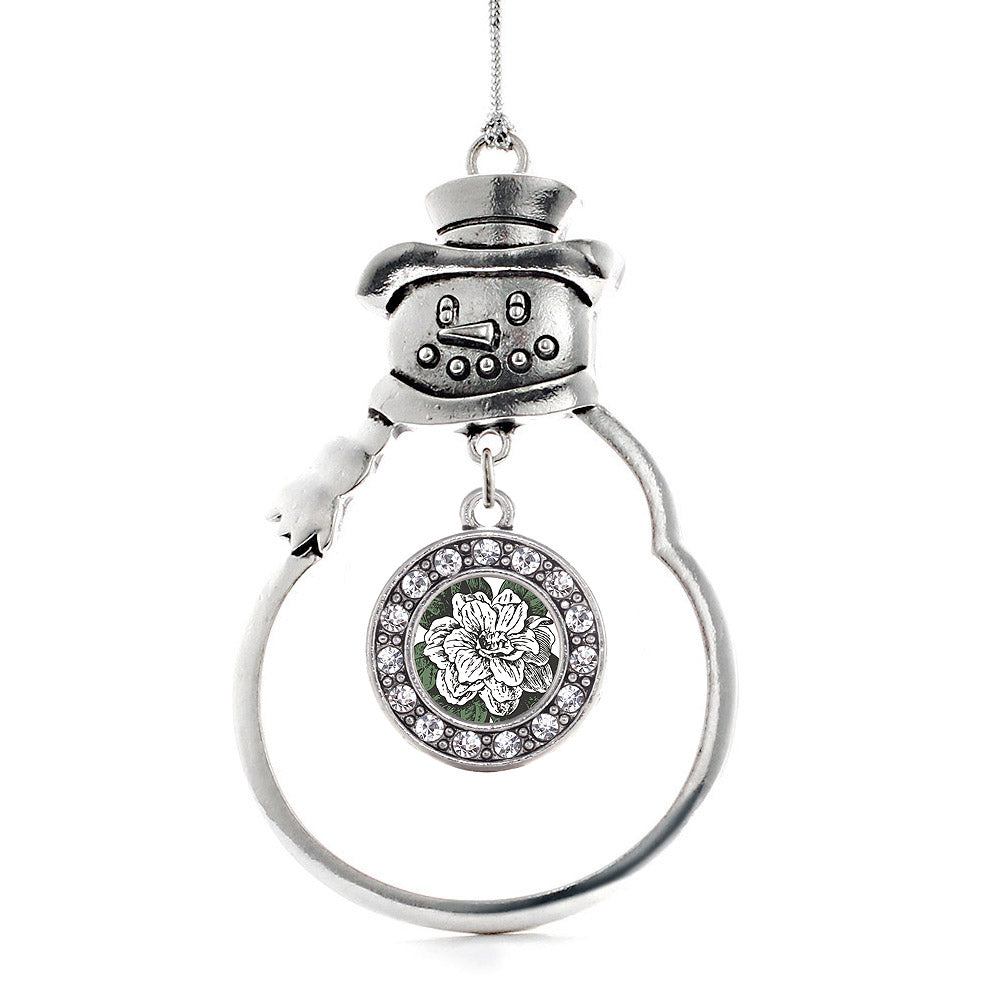 Silver Gardenia Flower Circle Charm Snowman Ornament