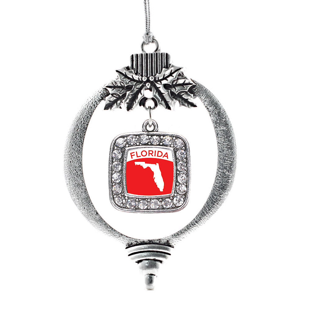 Silver Florida Outline Square Charm Holiday Ornament