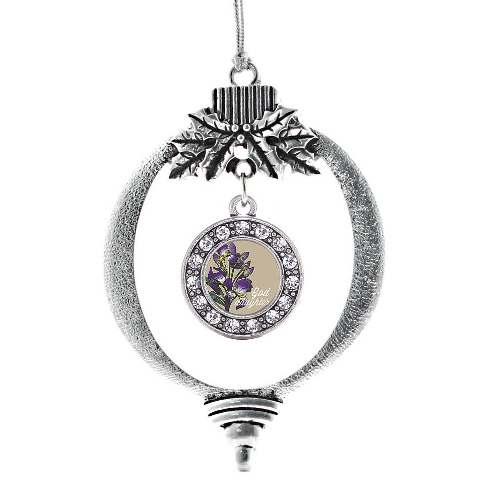 Silver God Daughter Iris Flower Circle Charm Holiday Ornament