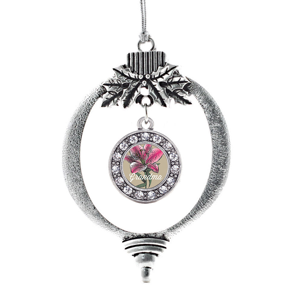 Silver Grandma Lily Flower Circle Charm Holiday Ornament
