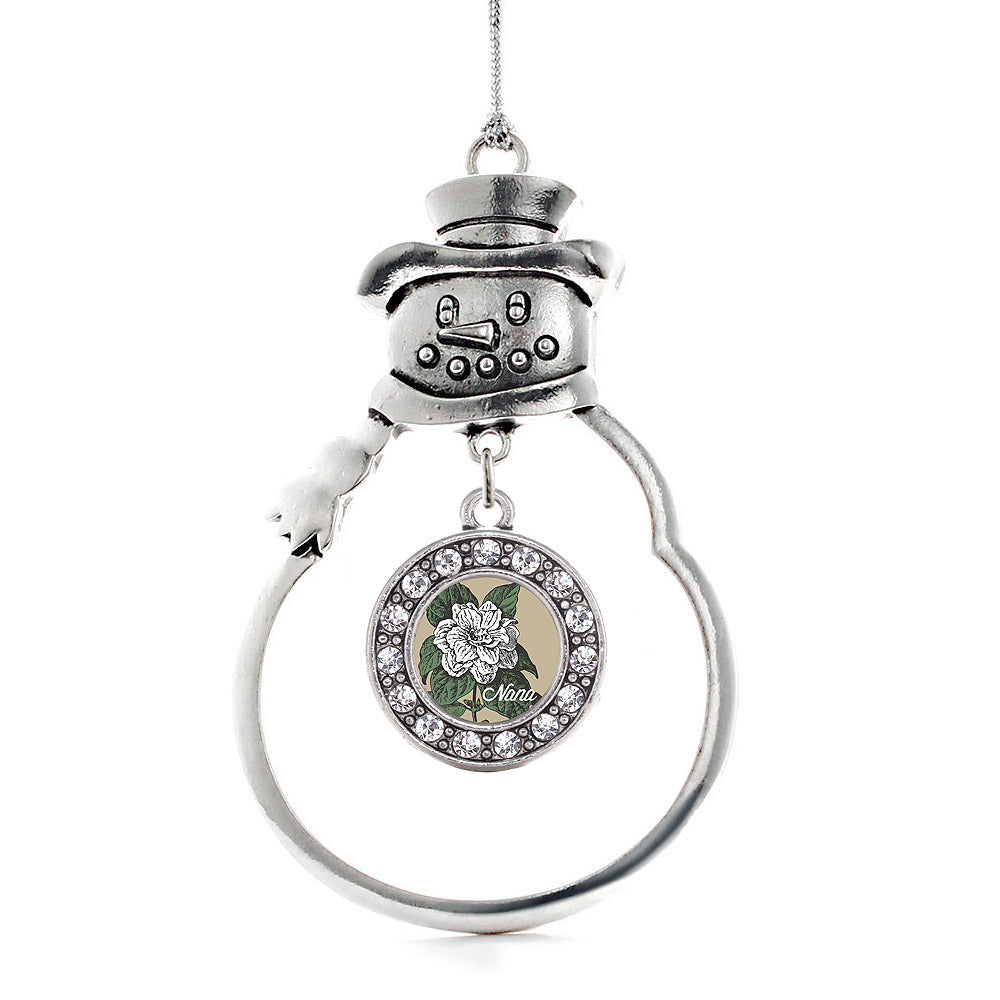 Silver Nana Gardenia Flower Circle Charm Snowman Ornament