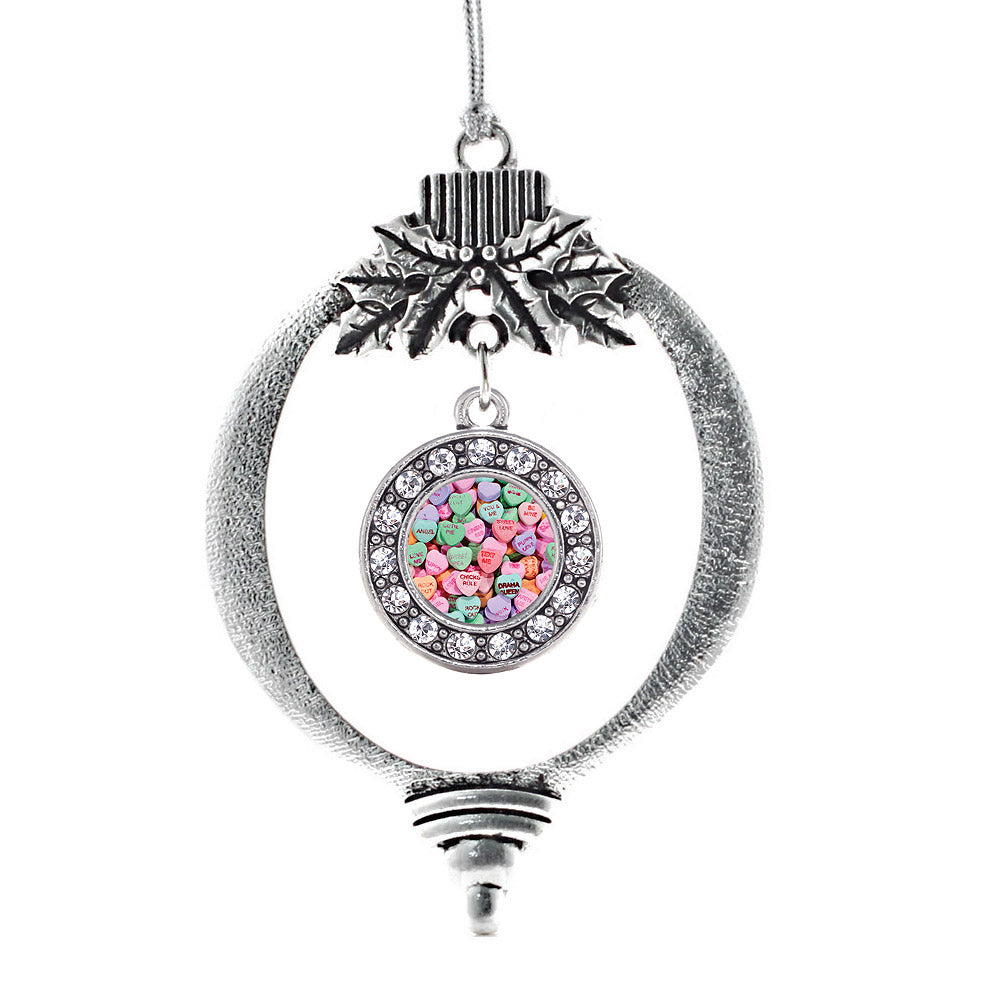 Silver Candy Hearts Circle Charm Holiday Ornament