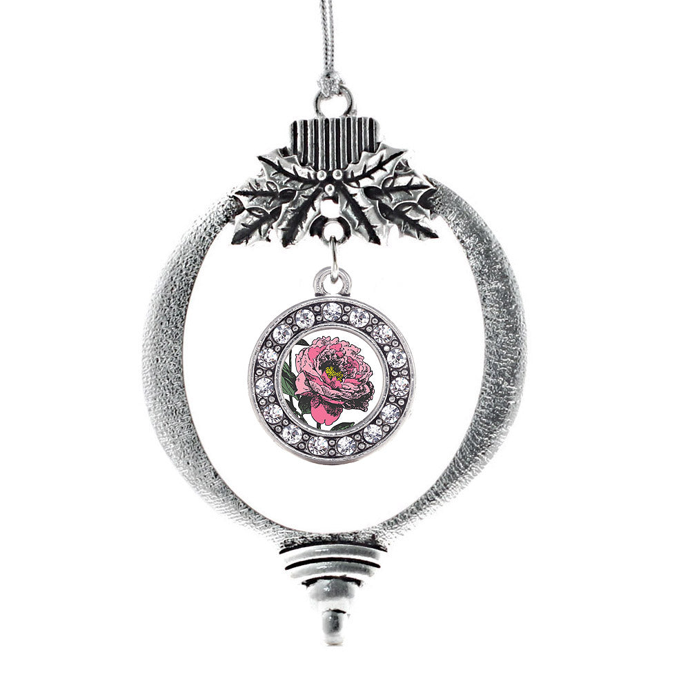 Silver Peony Flower Circle Charm Holiday Ornament