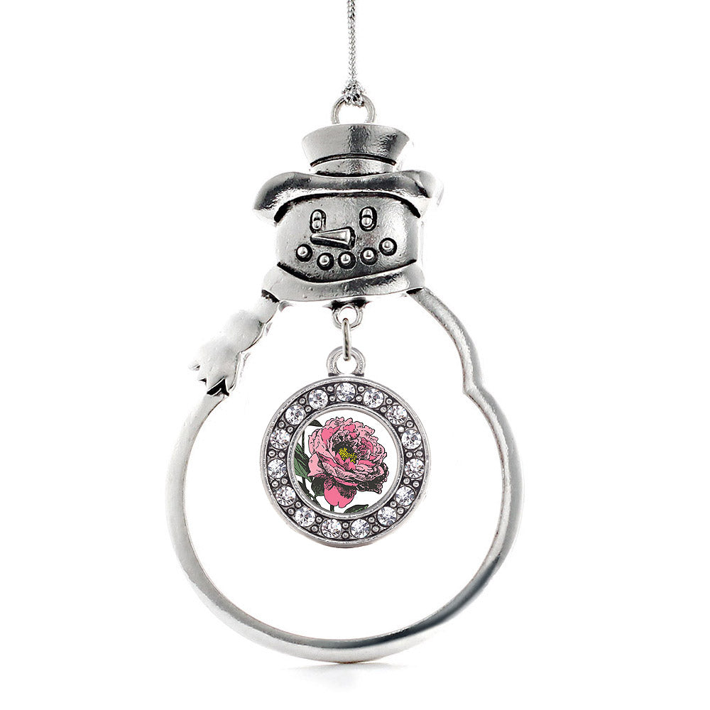 Silver Peony Flower Circle Charm Snowman Ornament