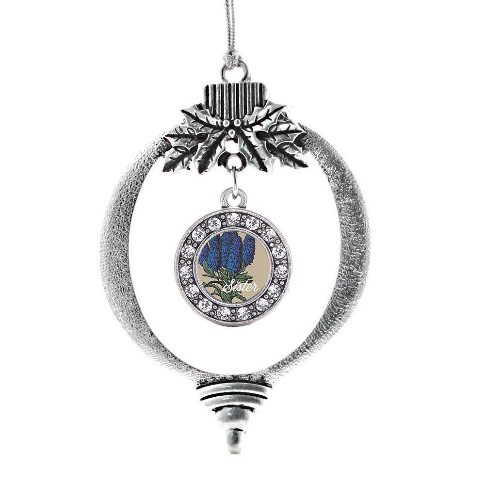 Silver Sister Delphinium Flower Circle Charm Holiday Ornament