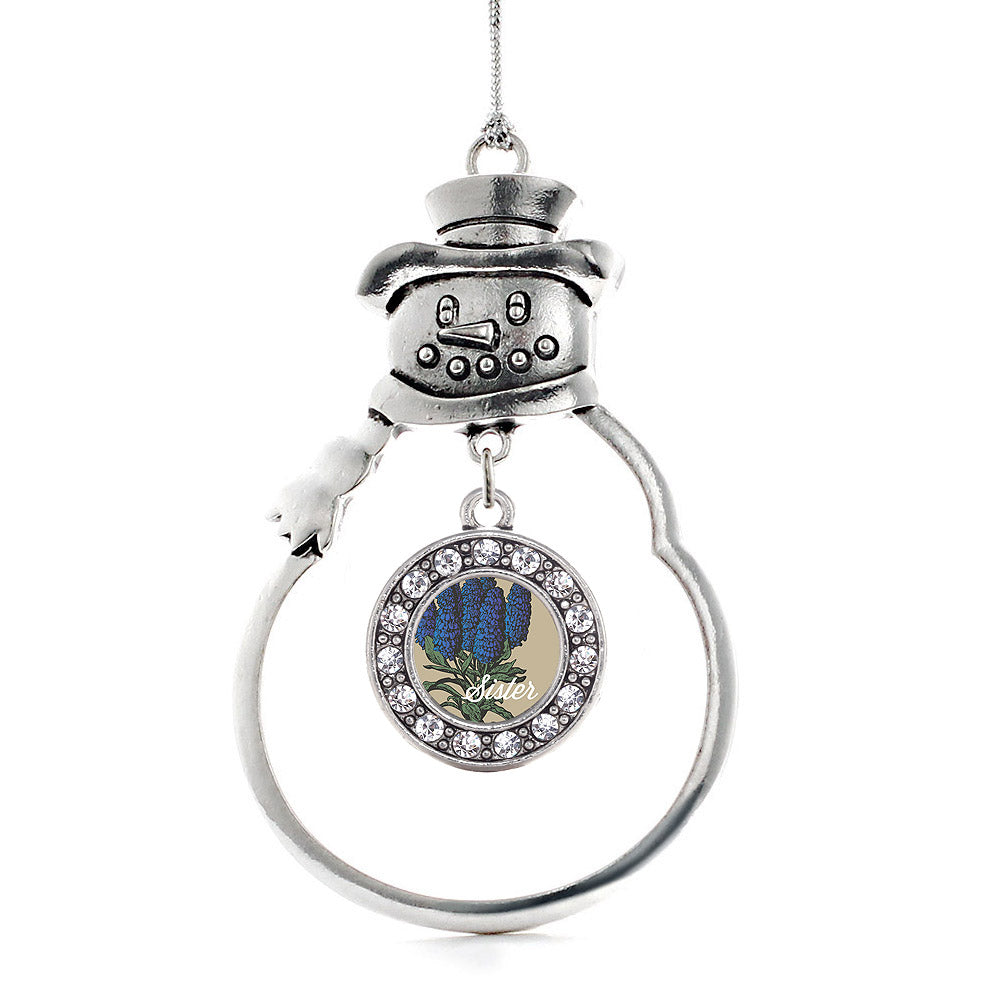 Silver Sister Delphinium Flower Circle Charm Snowman Ornament