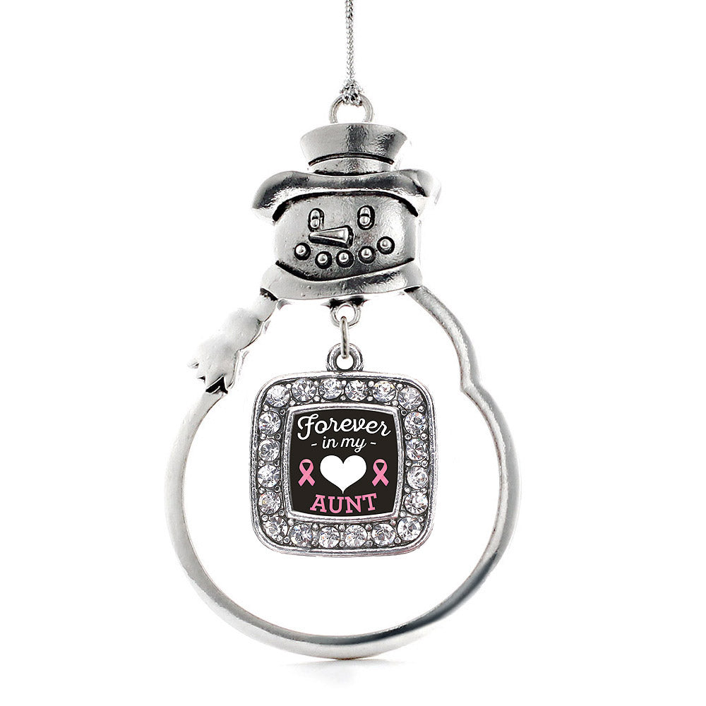 Silver Forever in my Heart Aunt Breast Cancer Support Square Charm Snowman Ornament