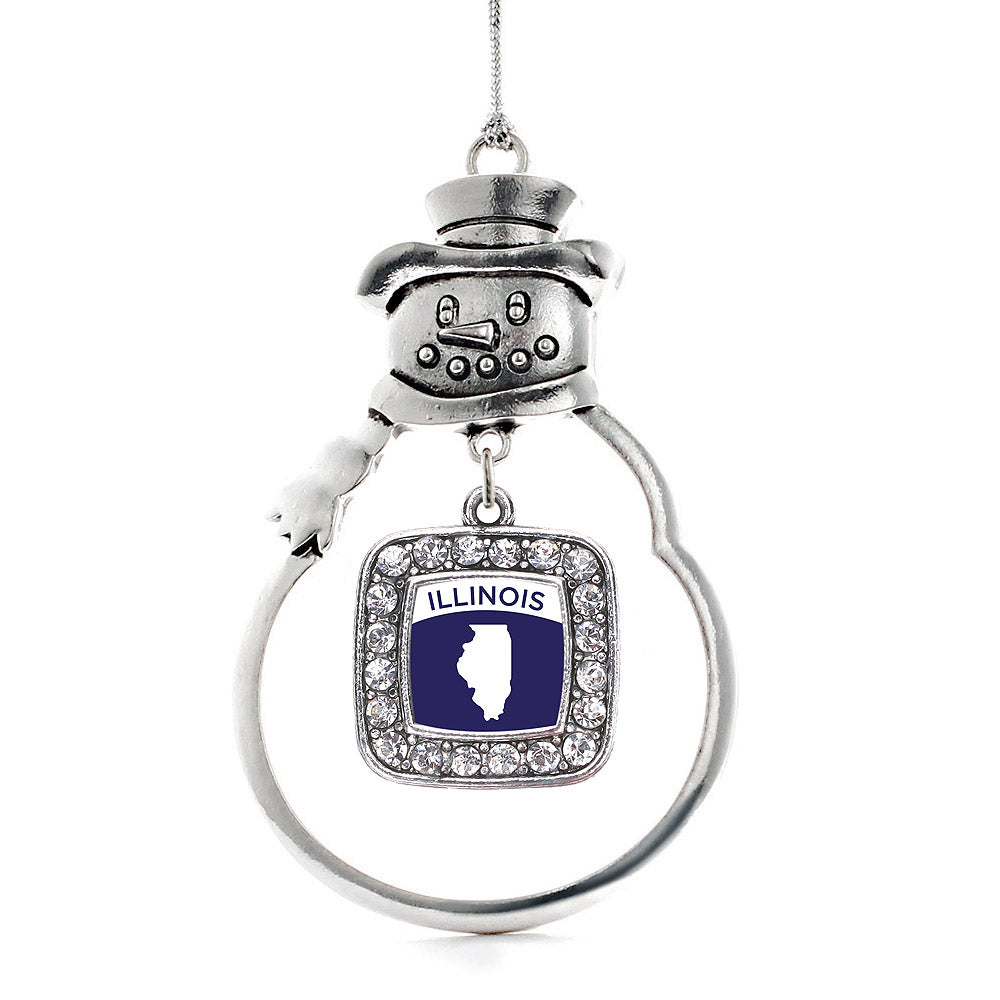 Silver Illinois Outline Square Charm Snowman Ornament