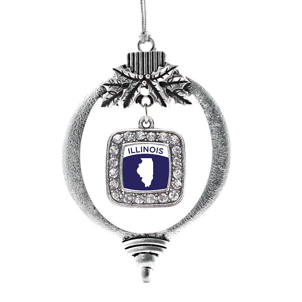 Silver Illinois Outline Square Charm Holiday Ornament