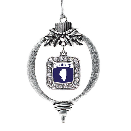 Silver Illinois Outline Square Charm Holiday Ornament
