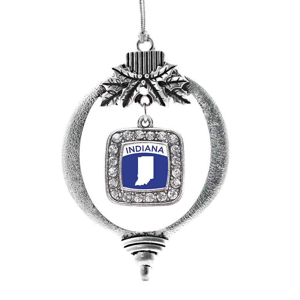 Silver Indiana Outline Square Charm Holiday Ornament