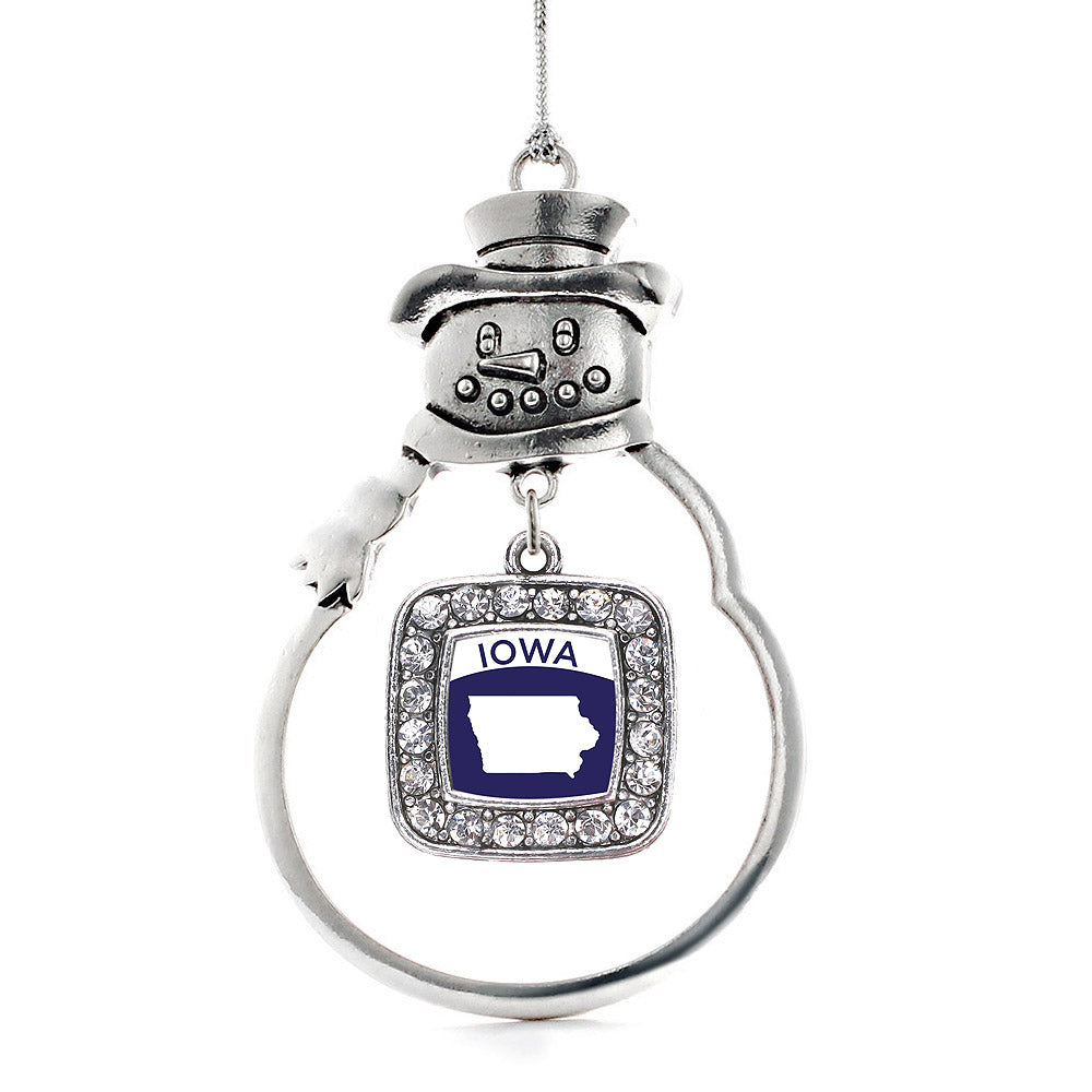 Silver Iowa Outline Square Charm Snowman Ornament