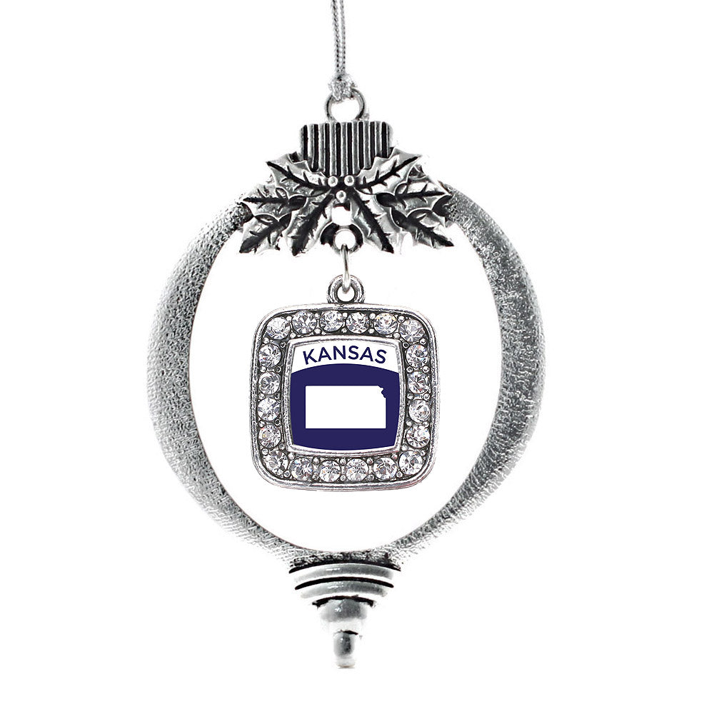 Silver Kansas Outline Square Charm Holiday Ornament
