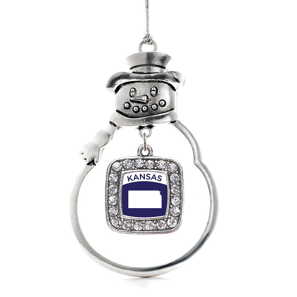 Silver Kansas Outline Square Charm Snowman Ornament