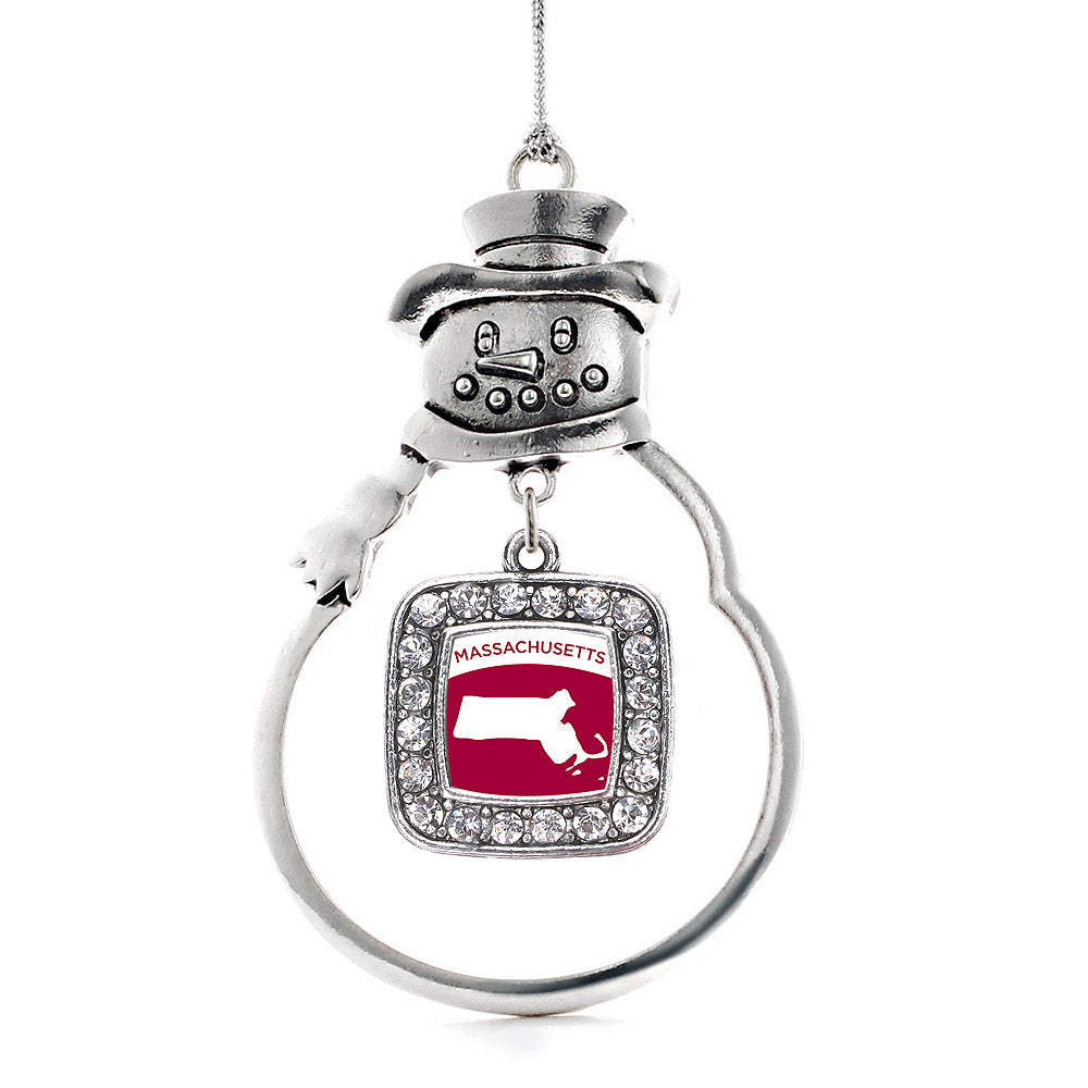 Silver Massachusetts Outline Square Charm Snowman Ornament