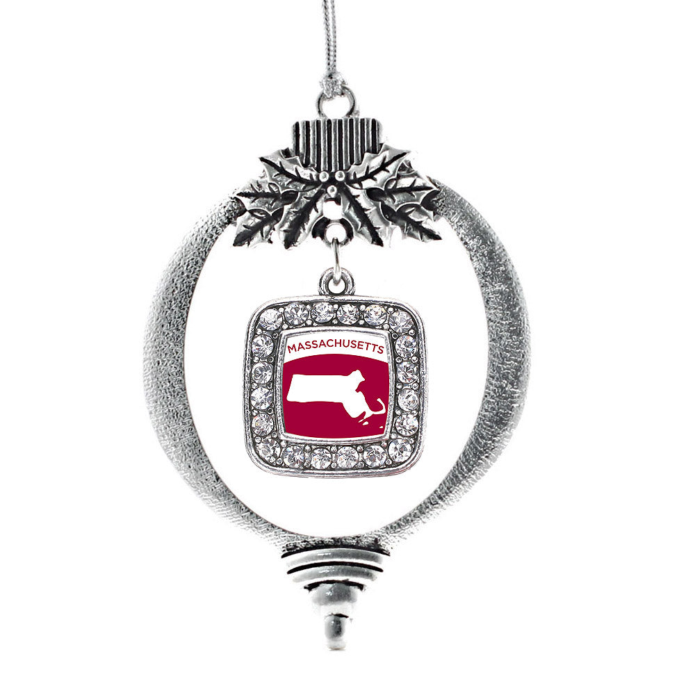 Silver Massachusetts Outline Square Charm Holiday Ornament