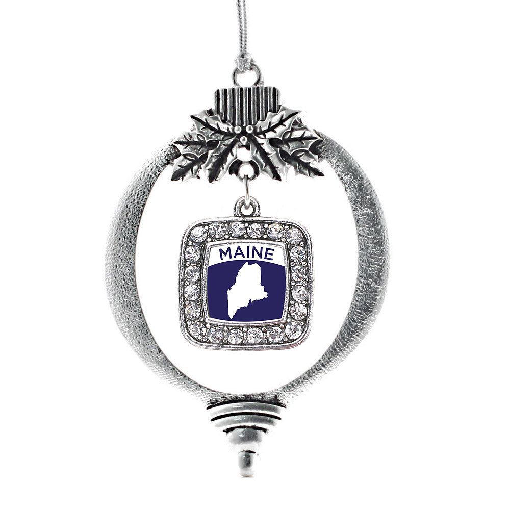 Silver Maine Outline Square Charm Holiday Ornament