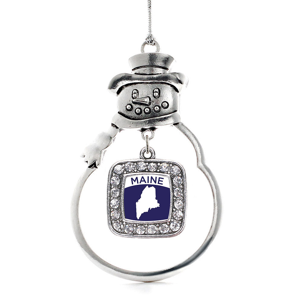 Silver Maine Outline Square Charm Snowman Ornament