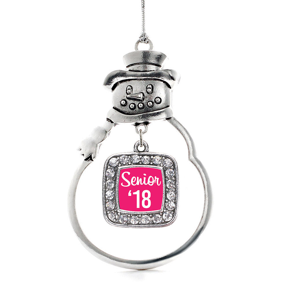 Silver Fuchsia Senior '18 Square Charm Snowman Ornament