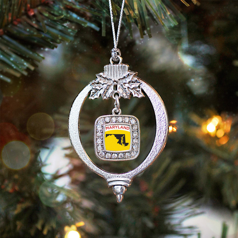 Silver Maryland Outline Square Charm Holiday Ornament