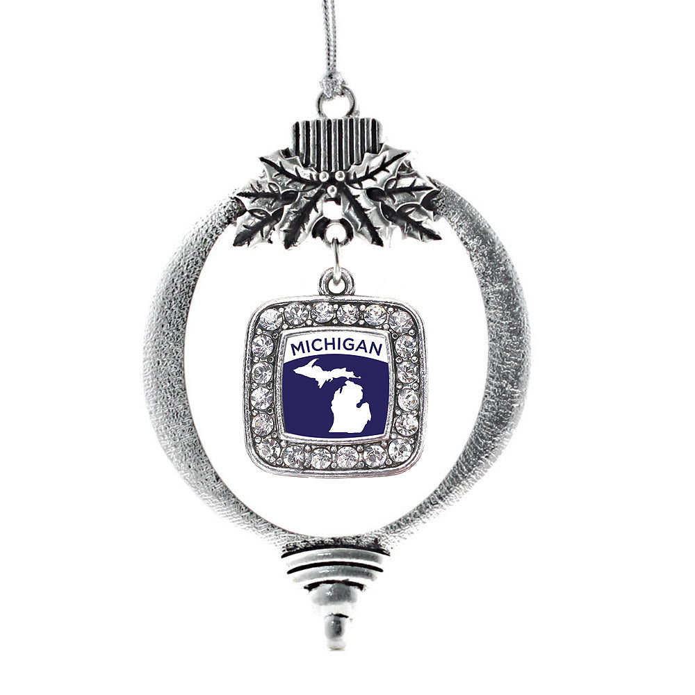 Silver Michigan Outline Square Charm Holiday Ornament