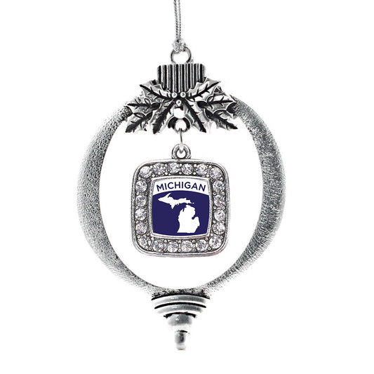 Silver Michigan Outline Square Charm Holiday Ornament