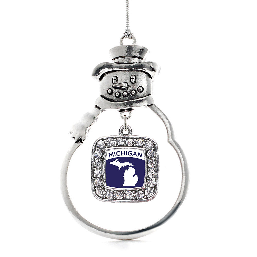 Silver Michigan Outline Square Charm Snowman Ornament