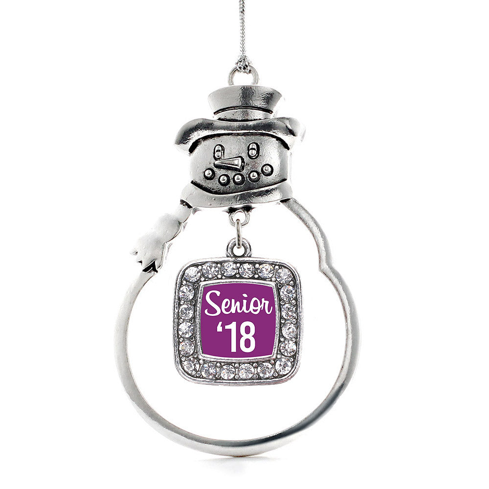 Silver Purple Senior '18 Square Charm Snowman Ornament