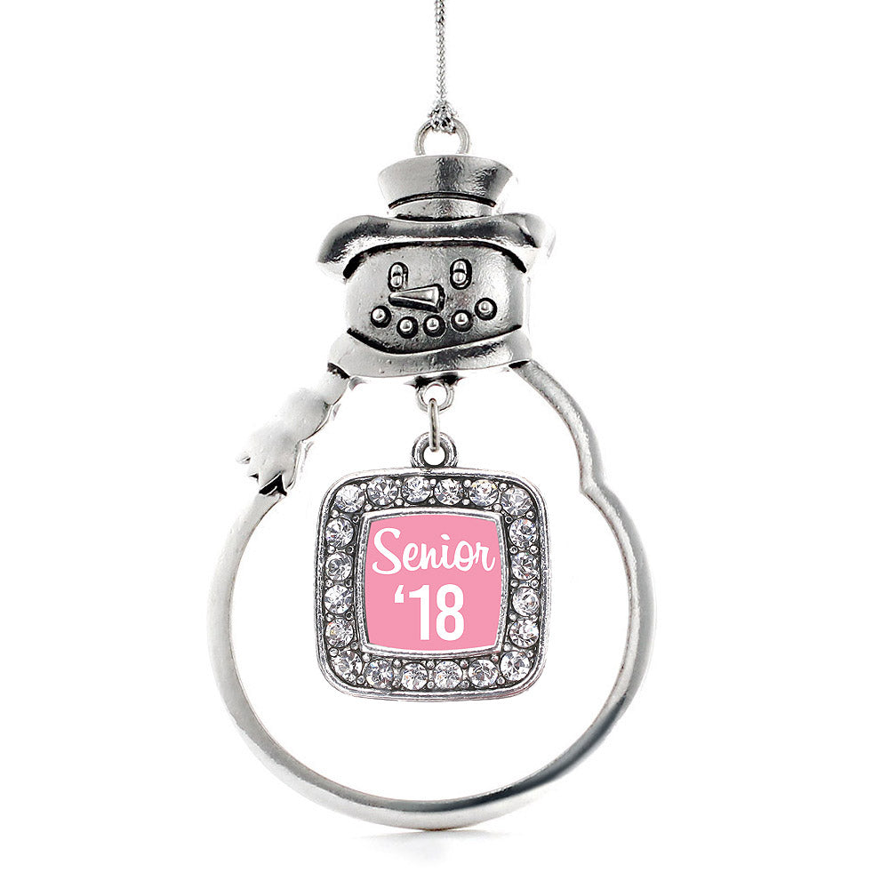 Silver Pink Senior '18 Square Charm Snowman Ornament