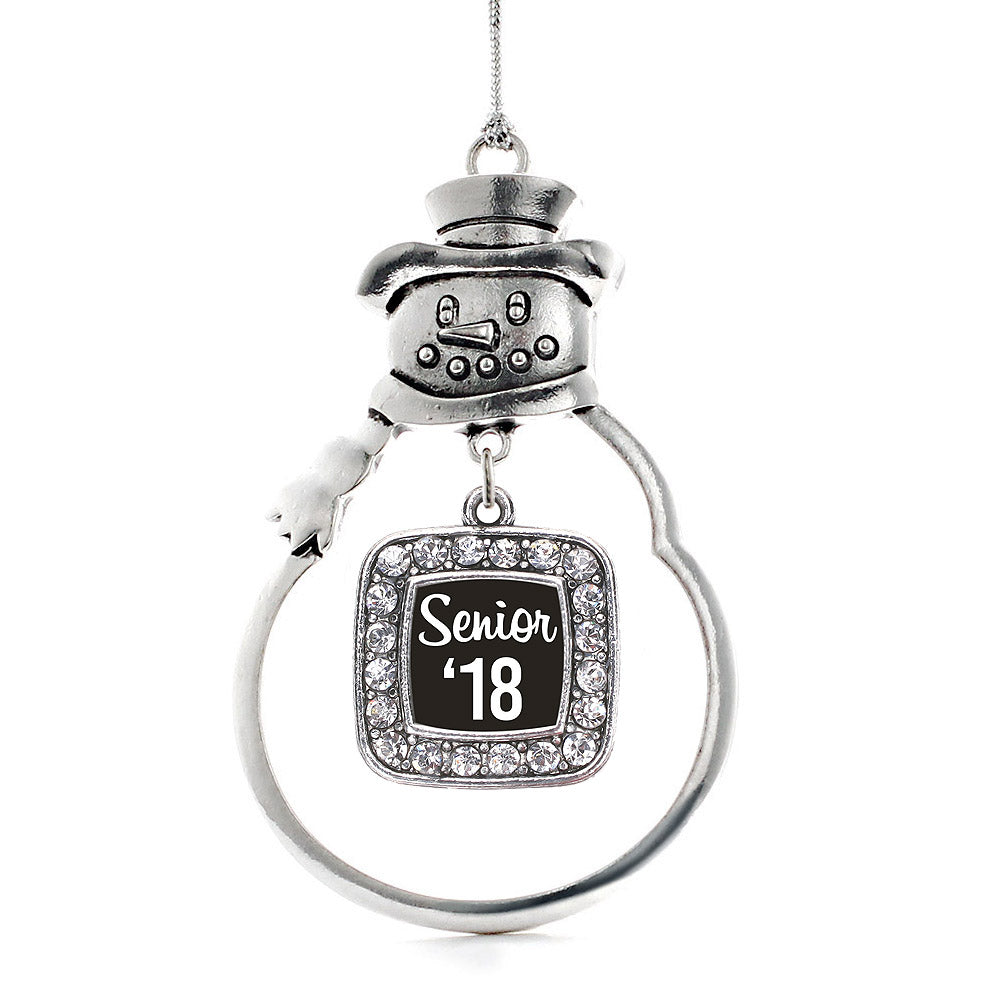 Silver Senior '18 Square Charm Snowman Ornament