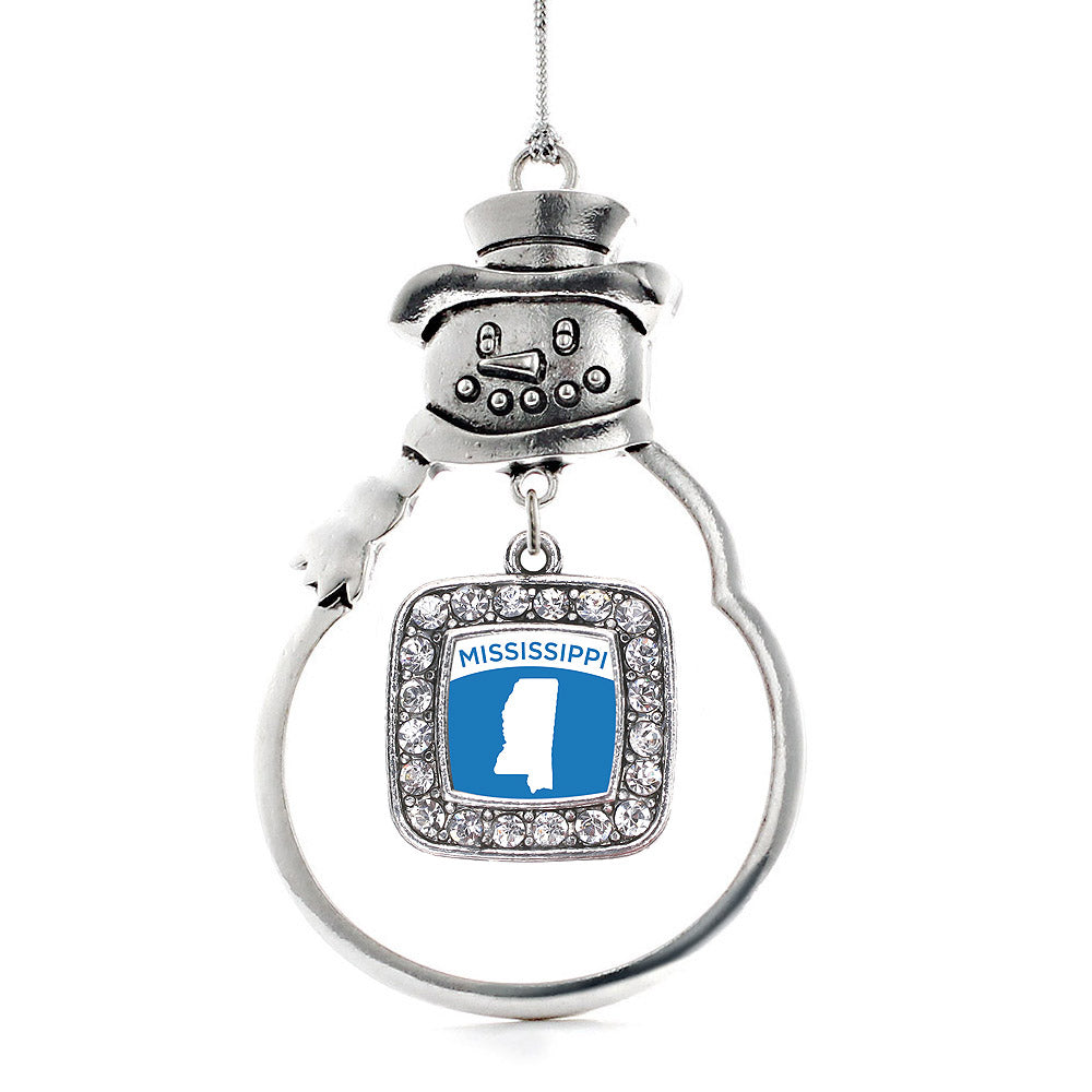 Silver Mississippi Outline Square Charm Snowman Ornament