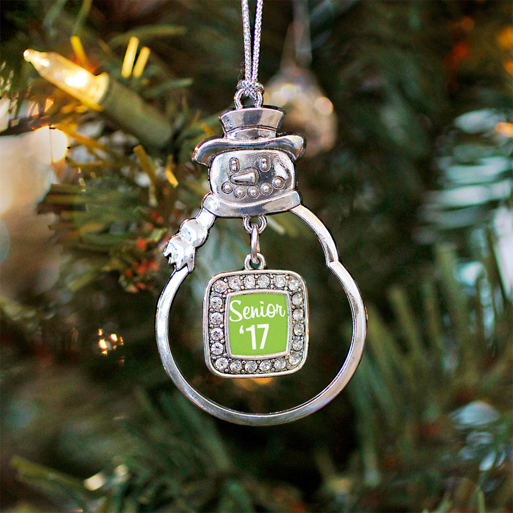 Silver Lime Green Senior '17 Square Charm Snowman Ornament
