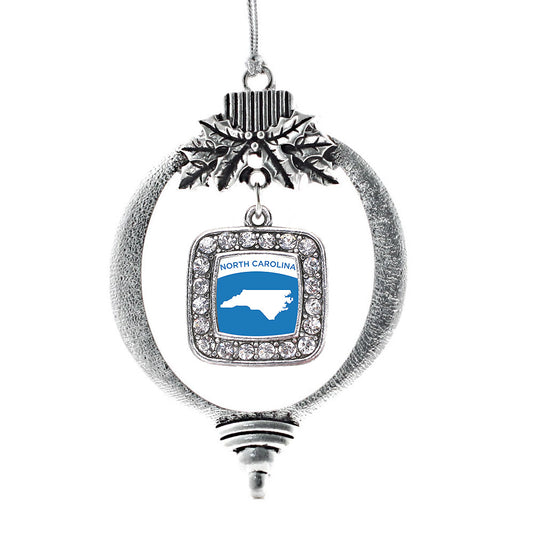 Silver North Carolina Outline Square Charm Holiday Ornament
