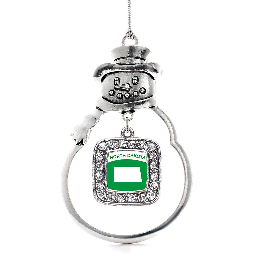 Silver North Dakota Outline Square Charm Snowman Ornament