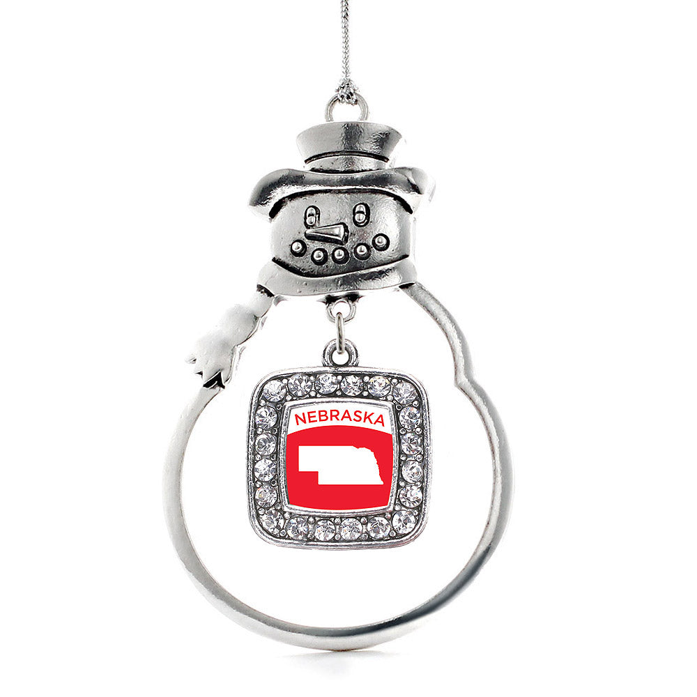 Silver Nebraska Outline Square Charm Snowman Ornament