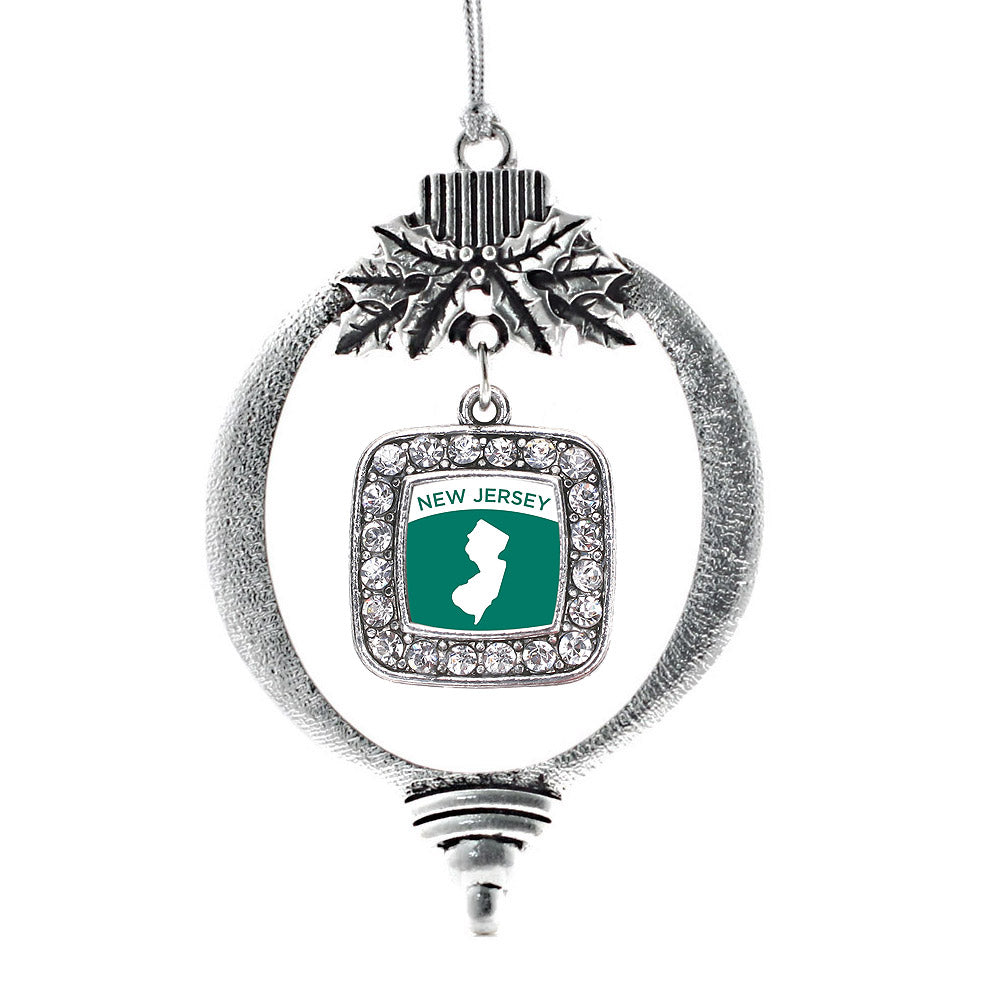 Silver New Jersey Outline Square Charm Holiday Ornament