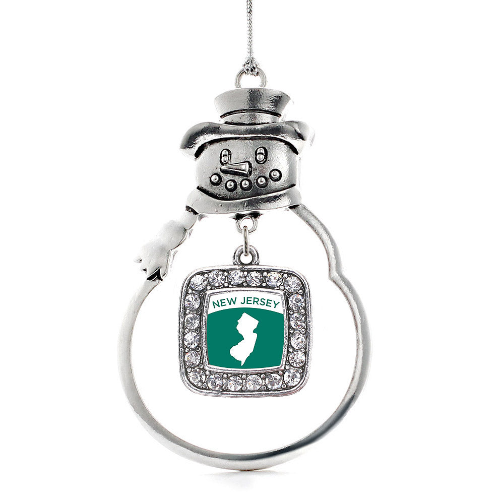 Silver New Jersey Outline Square Charm Snowman Ornament