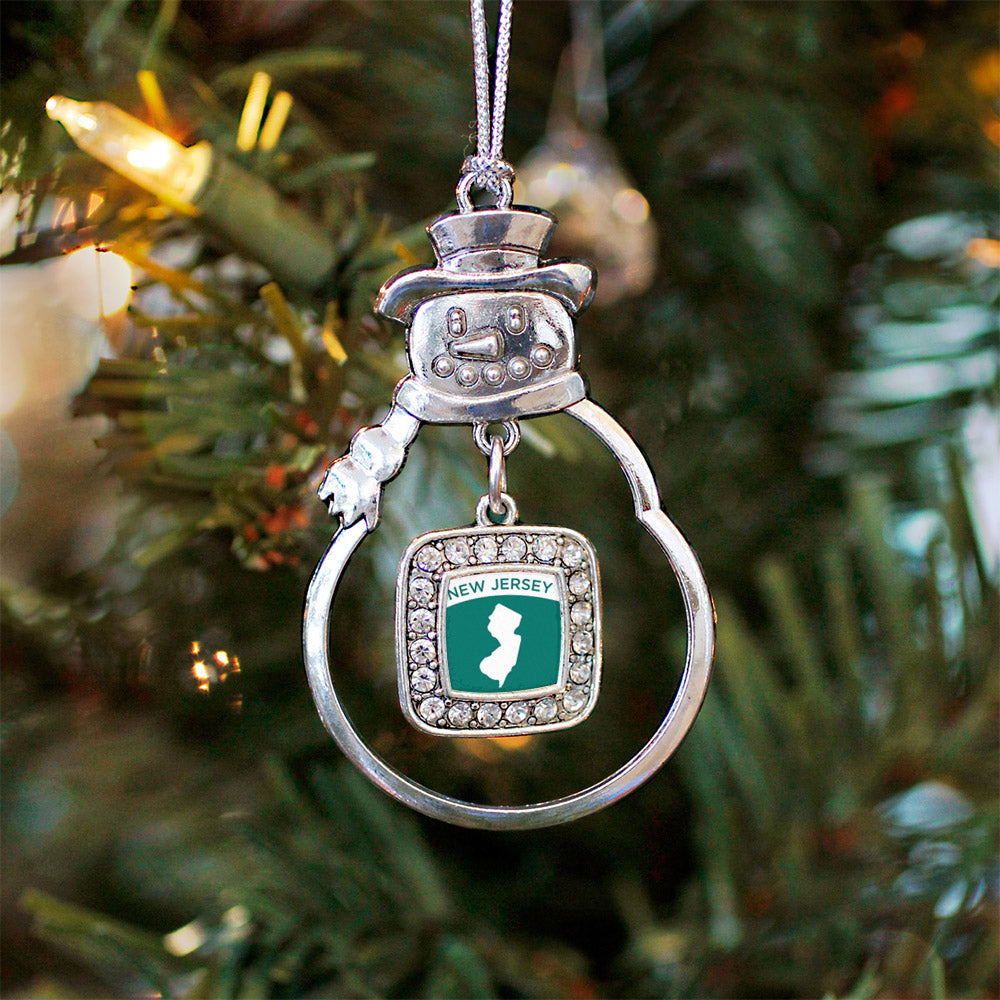 Silver New Jersey Outline Square Charm Snowman Ornament