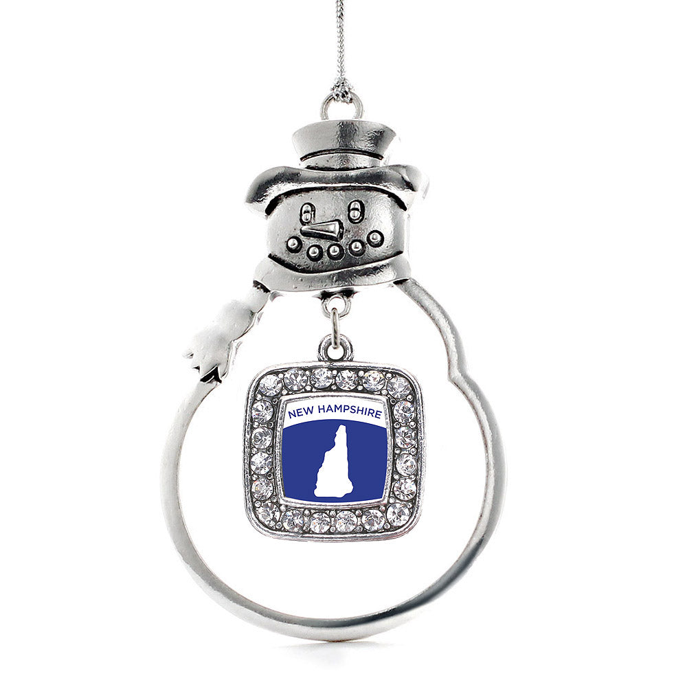 Silver New Hampshire Outline Square Charm Snowman Ornament